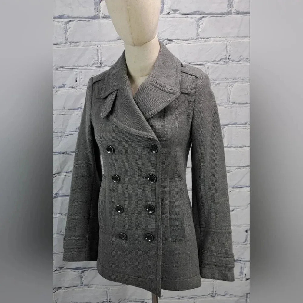 Burberry Double Breasted Pea Coat Jacket Zip Cuffs Peplum Pleated Gray Wool 2 US